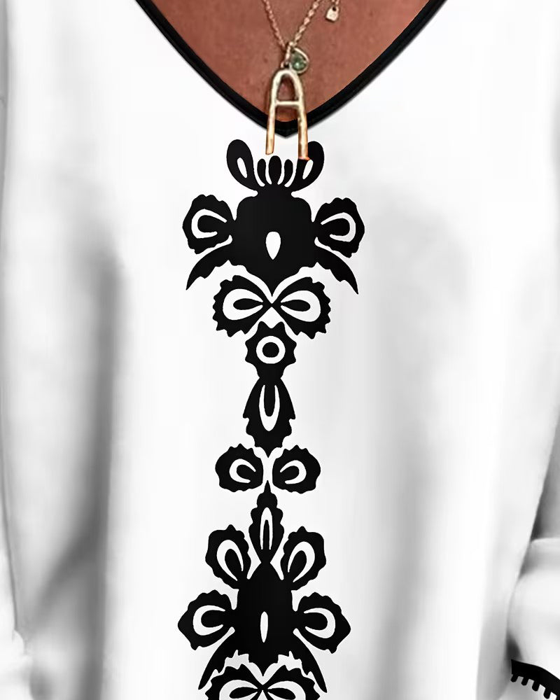 Color-Blocked V-Neck Patterned Long-Sleeved Top