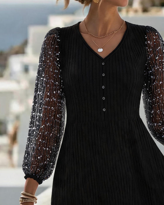V-Neck Button Lace Patchwork Dress