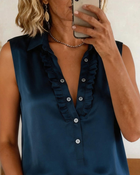 Lapel Button Front Solid Tank Top