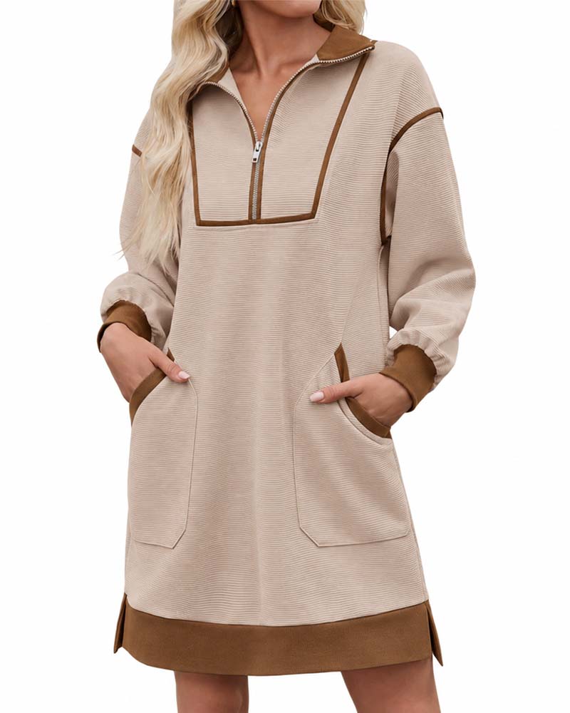 Half Zip Long Sleeve Color Block Short Dress