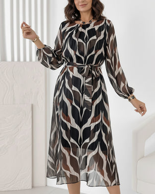 Crew Neck Tie-Waist Printed Dress