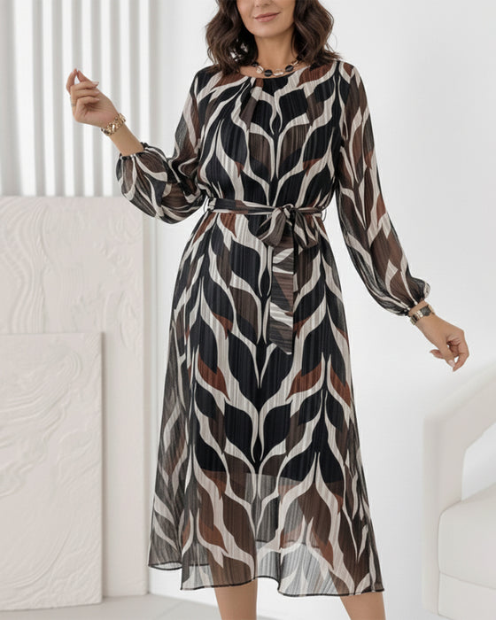 Crew Neck Tie-Waist Printed Dress