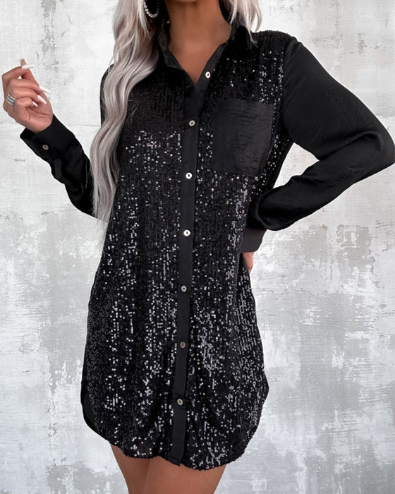 Lapel Button Sequined Shirt