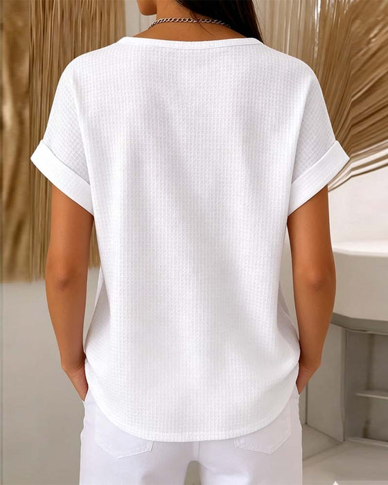 Round Neck Button Waffle T-Shirt