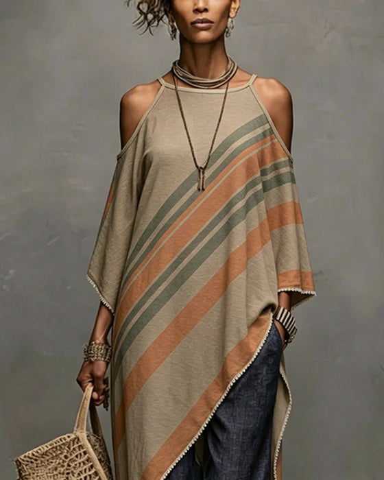 Striped Halter Off-Shoulder Asymmetrical Blouse