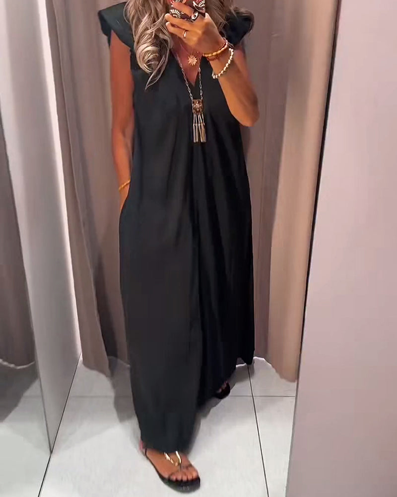 V-Neck Flutter Sleeve Long Dress