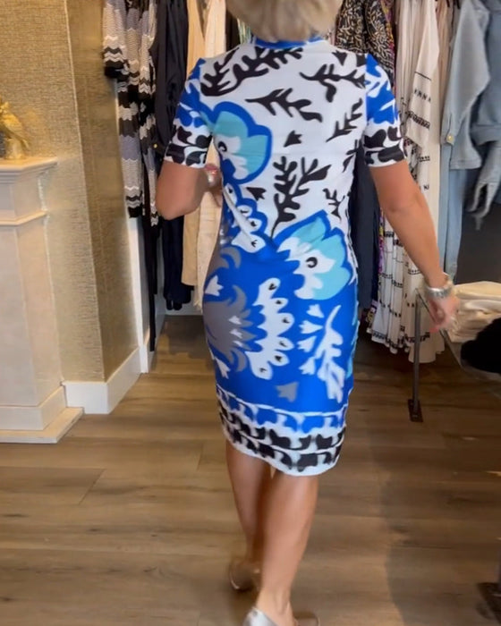 Short-sleeve printed v-neck dress