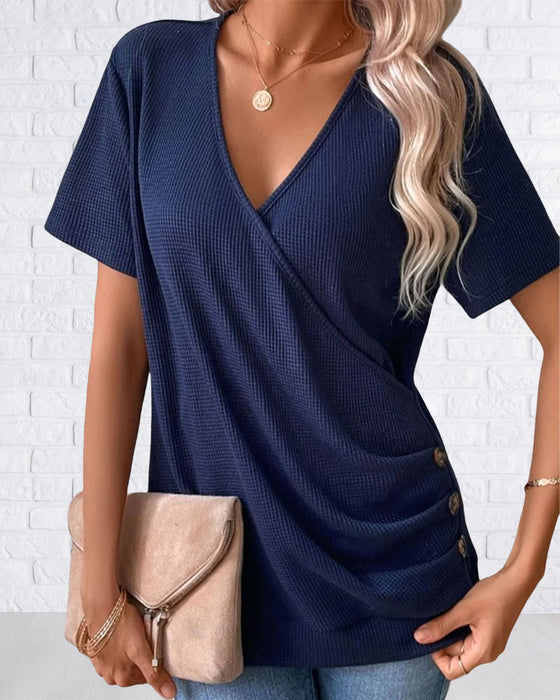 V Neck Front Cross Button Detail T-Shirt