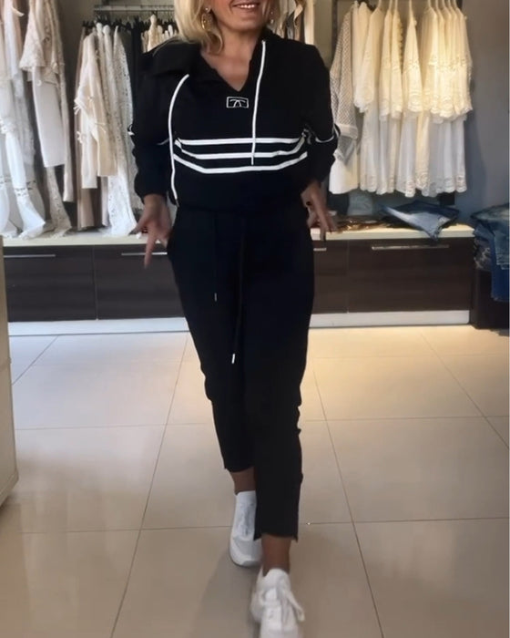 Casual striped print hooded sweatshirt set