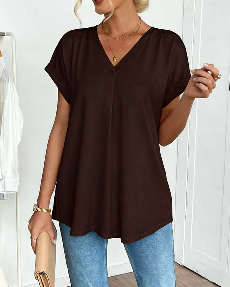 Short-Sleeved Solid Color Patchwork T-Shirt