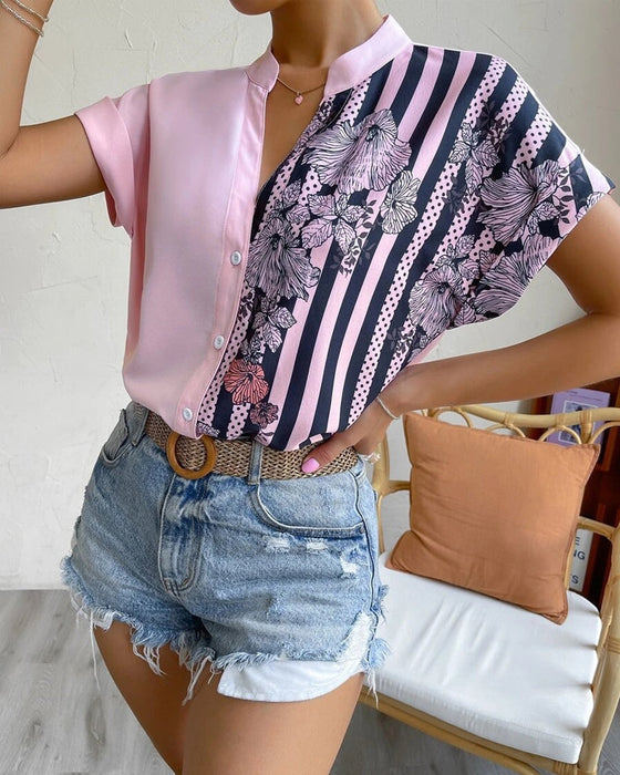 Paneled floral print button short sleeve blouse