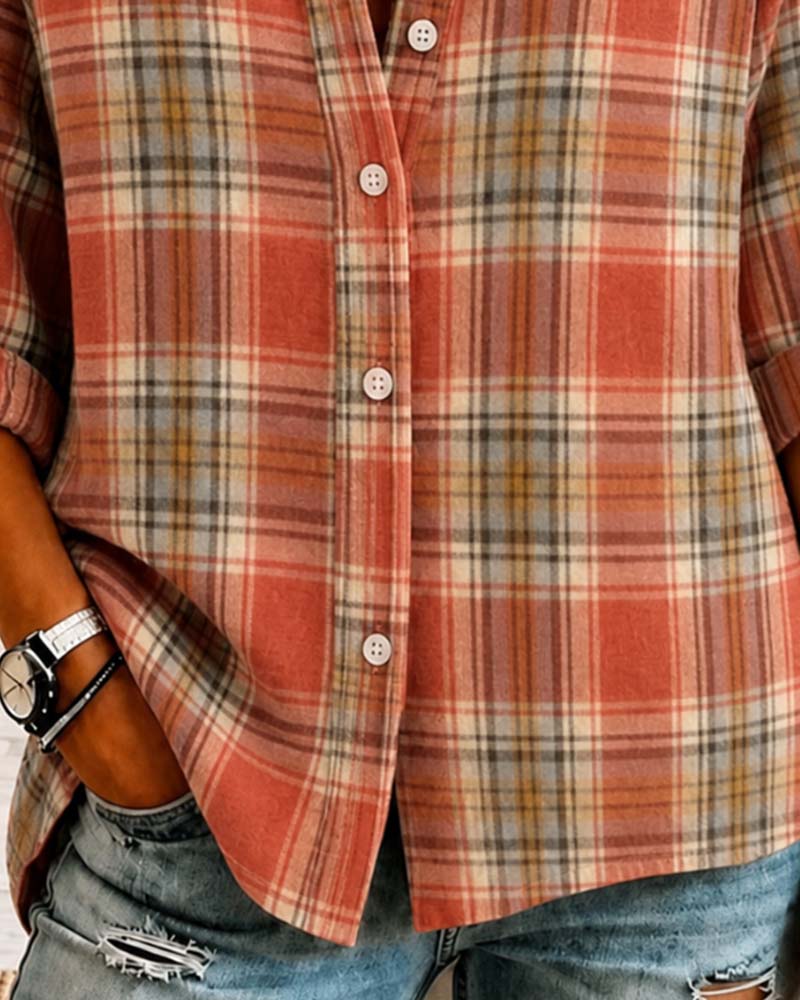 Lapel Checkered Long Sleeve Shirt