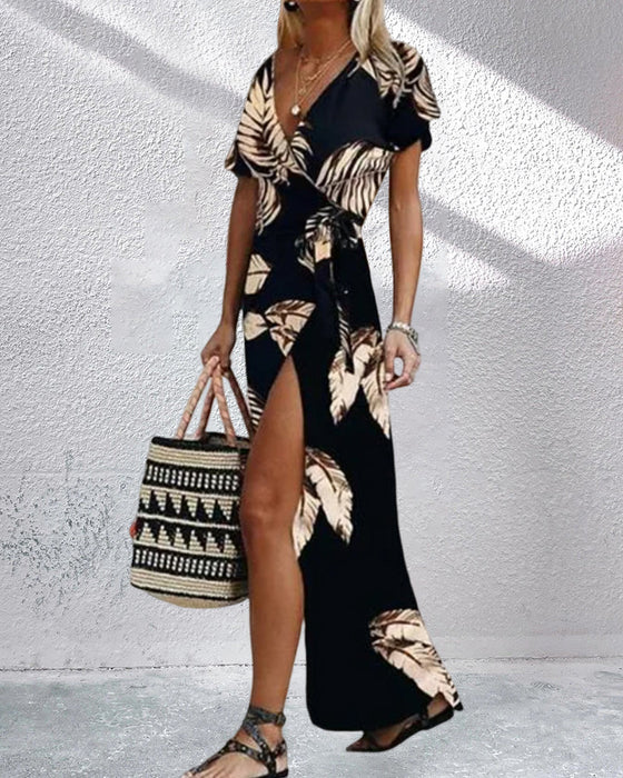 Short sleeve front slit printed dress