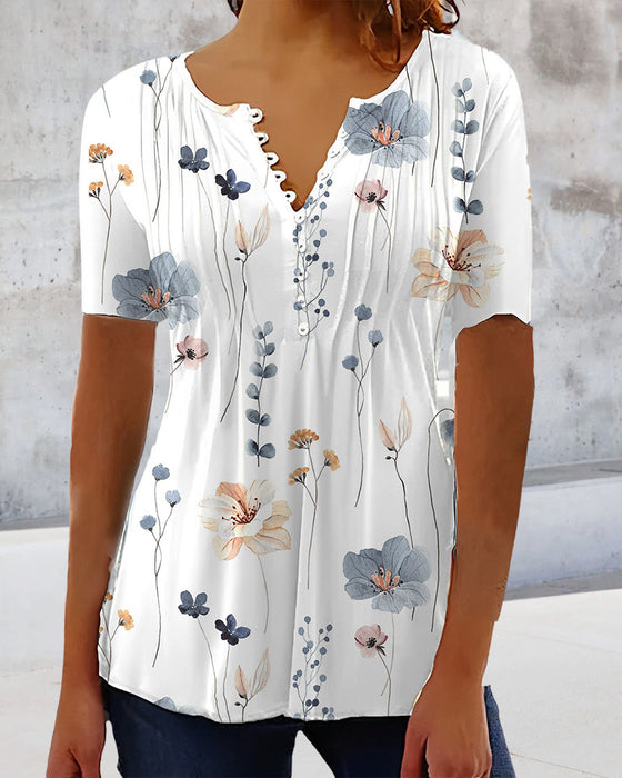 V Neck Button Print Short Sleeve Blouse