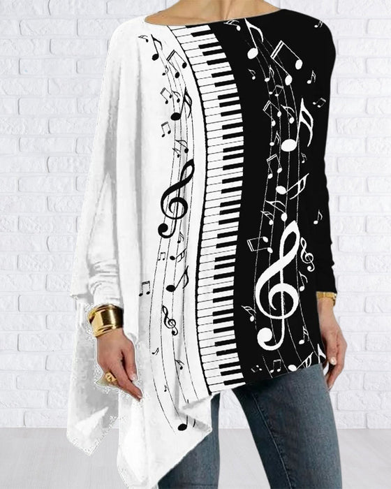 Piano print irregular long sleeve top