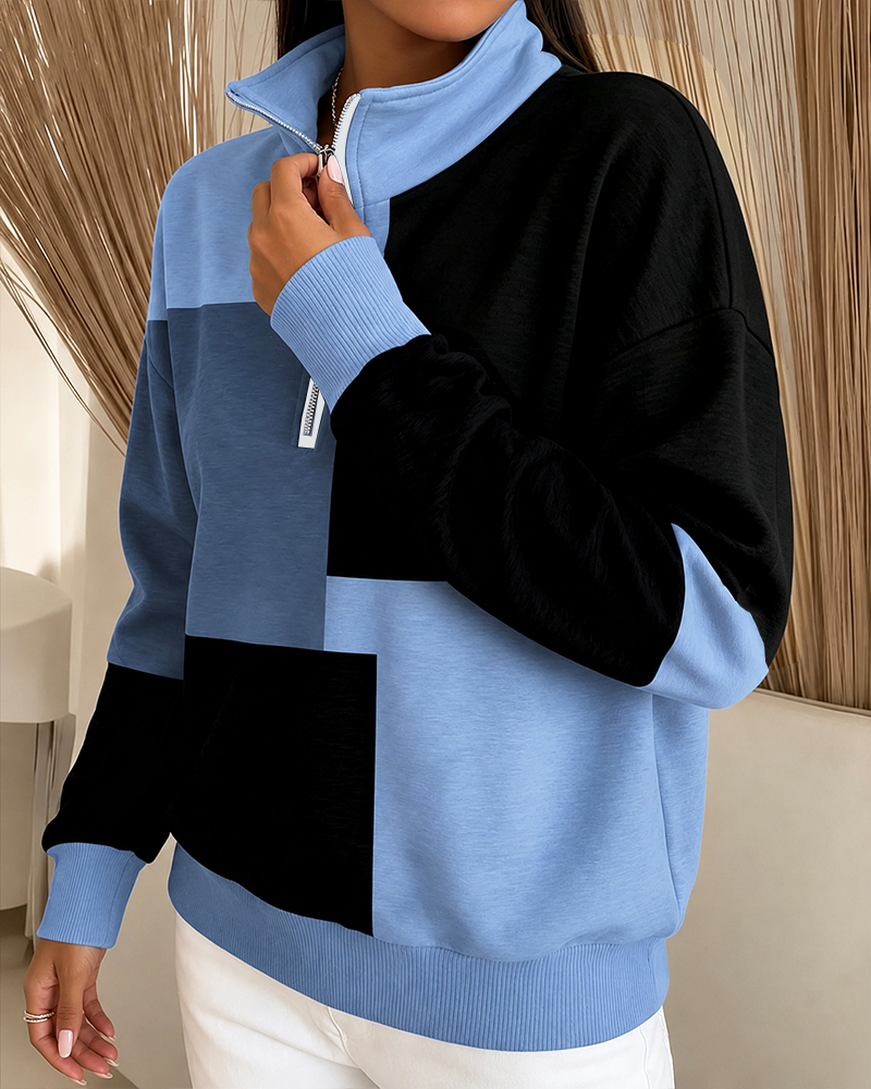 Checkered Colorblock Zip Stand-Collar Sweatshirt