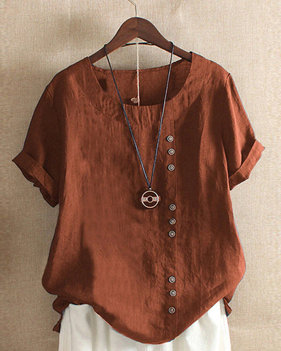 Solid Color Button Short Sleeve Top