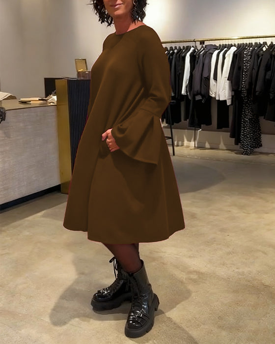 Solid Flare Sleeve Shirred Dress