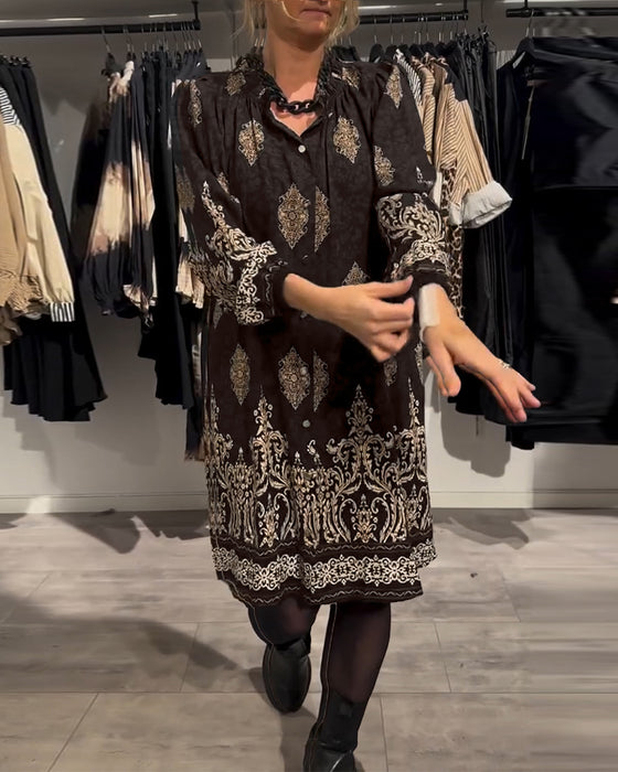 Lapel button-down vintage print dress