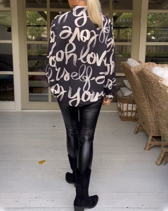 Printed v-neck long-sleeved blouse