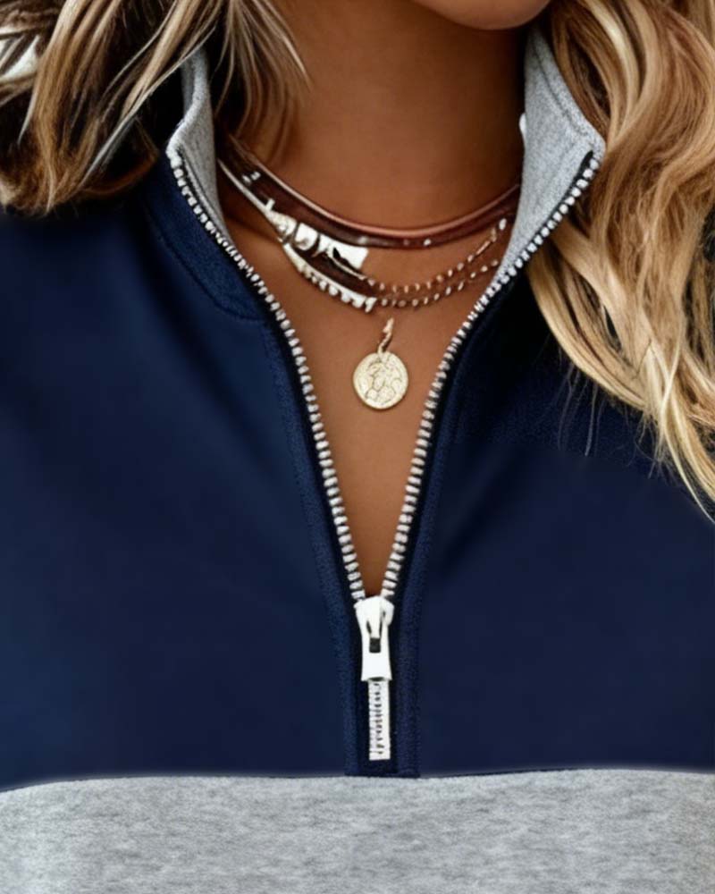 Long-Sleeved Half-Zip Color-Blocked Sweatshirt