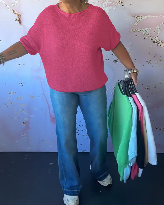 Casual loose solid color round neck pullover