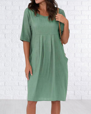Round Neck Solid Color Dress with Pockets