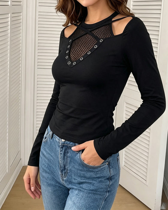 Crew Neck Off-Shoulder Cutout Cross Over Slim Blouse