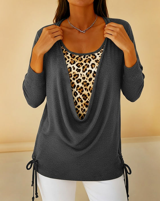 Fake Two-Piece Lace-Up Leopard Print T-Shirt