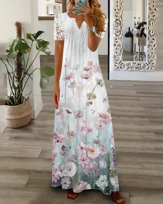 Floral print lace short sleeve long dress