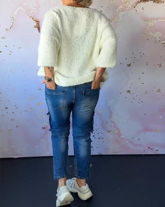 V-neck solid color casual pullover sweater