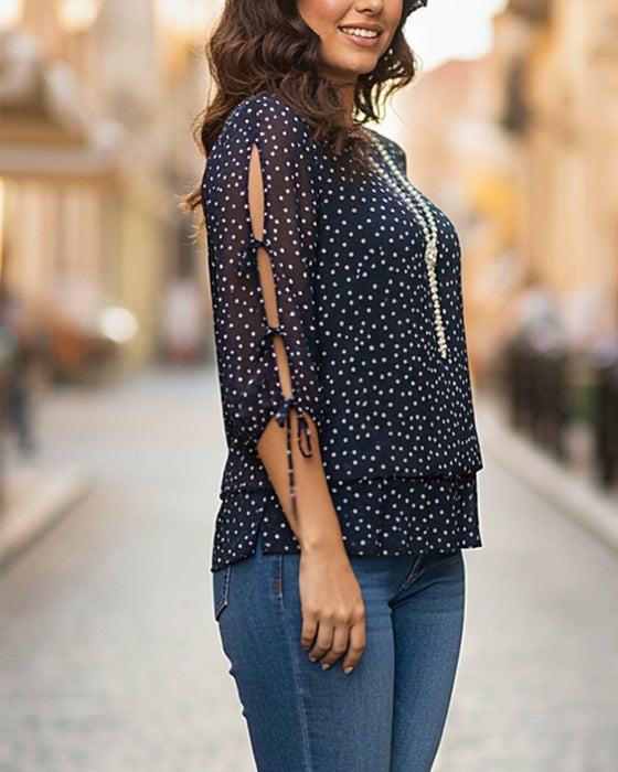Sheer-Sleeve Polka Dot Blouse