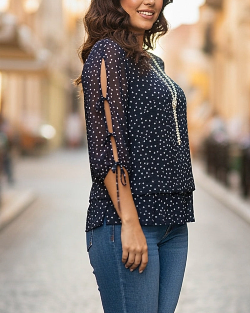 Sheer-Sleeve Polka Dot Blouse