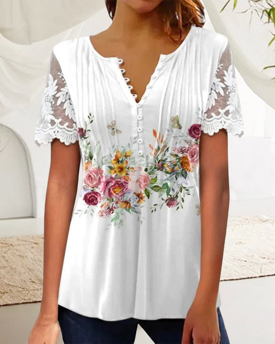 Floral Print Lace T-shirt with Short Sleeves
