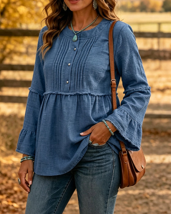 Solid Color Round Neck Blouse