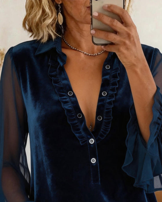 Velvet Patchwork Ruffled Sleeve Blouse