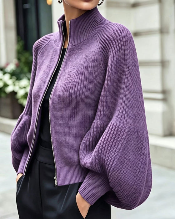 Stand-Collar Zipper Lantern Sleeve Coat