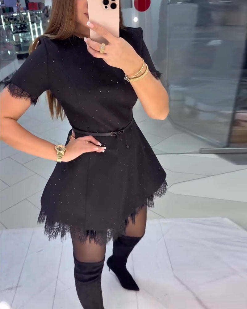 Sparkling Lace Short-Sleeve A-Line Dress