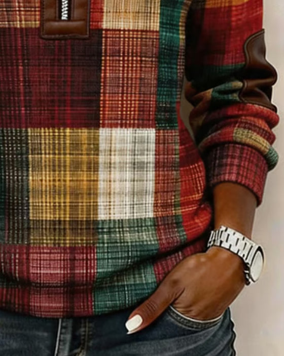 Lapel Zipper Plaid Contrast Sweatshirt