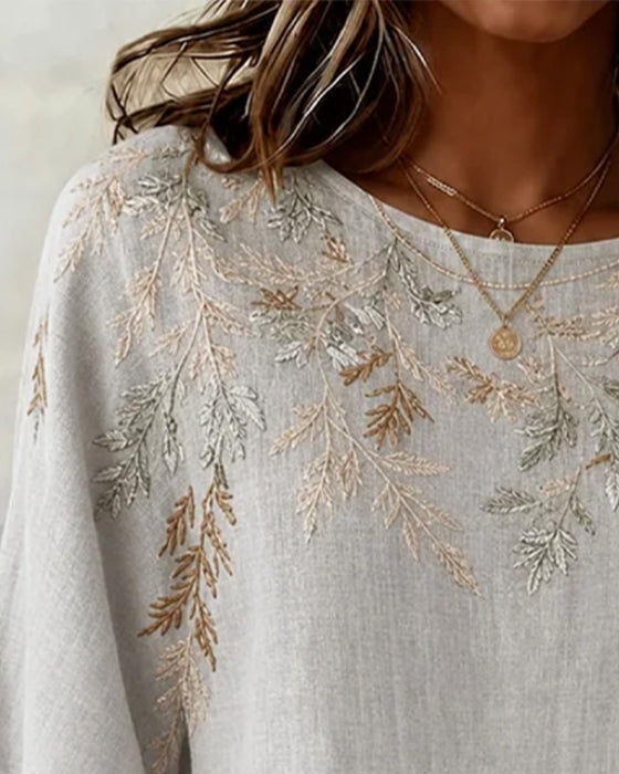 Crew Neck Mid-Length Sleeve Leaf Motif Blouse