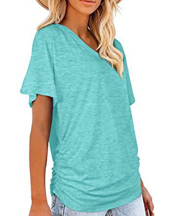 Pleated Solid Color V-Neck T-Shirt