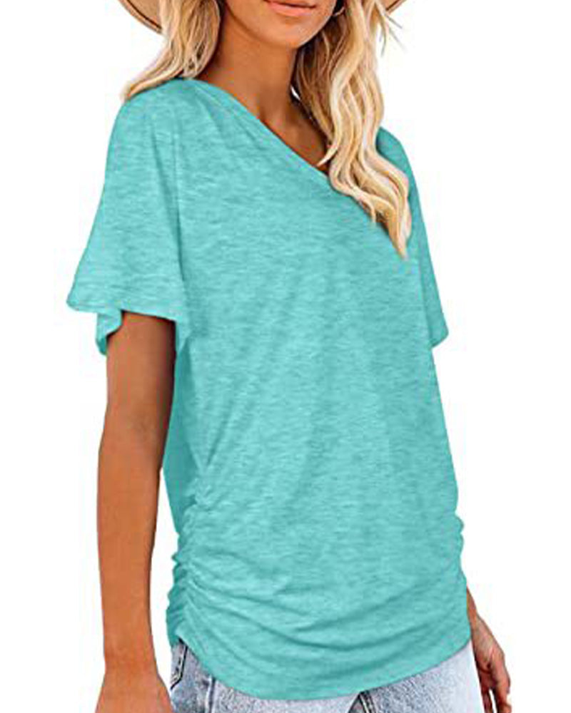Pleated Solid Color V-Neck T-Shirt