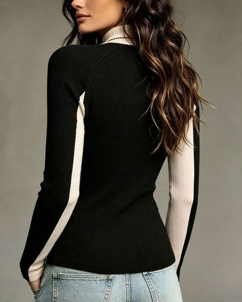 Contrast Color Patchwork Half Turtleneck Top