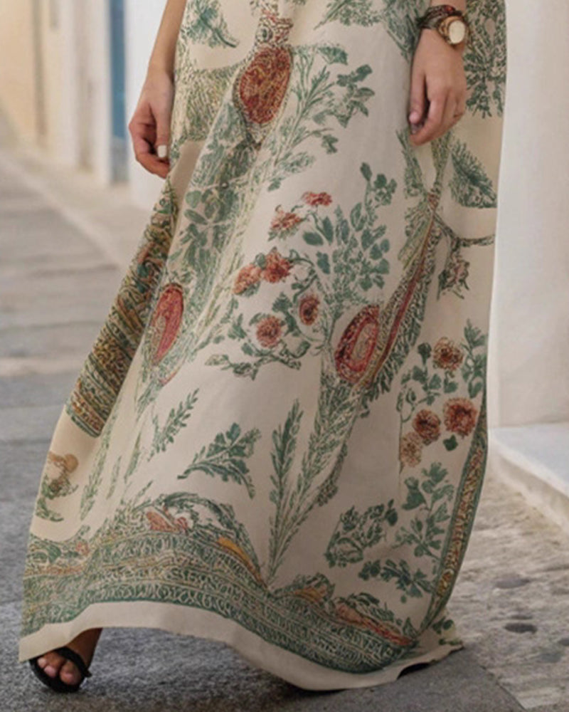 Vintage Print Ethnic Long Robe Dress