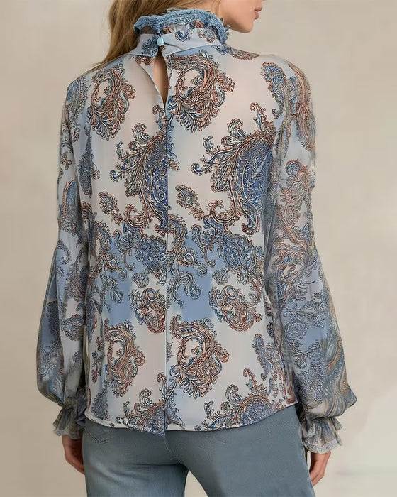 Lace Edge Drawstring See-Through Blouse