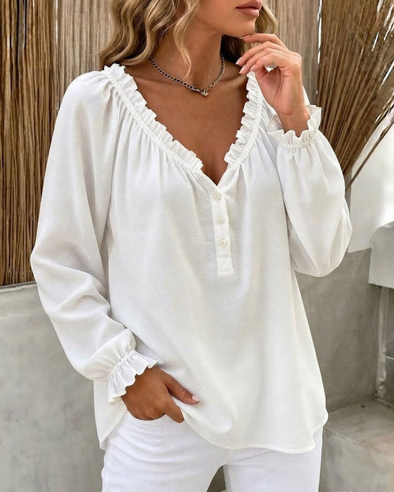 Ruffle Edge Long Sleeve V-Neck Blouse
