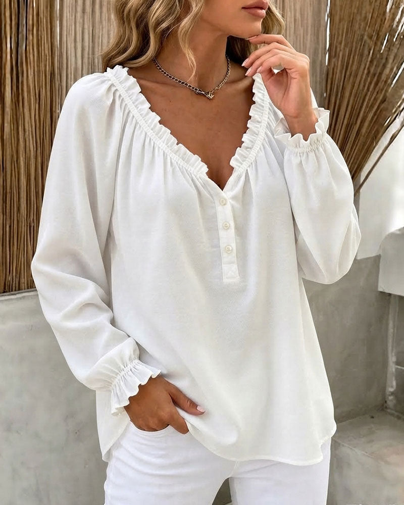Ruffle Edge Long Sleeve V-Neck Blouse