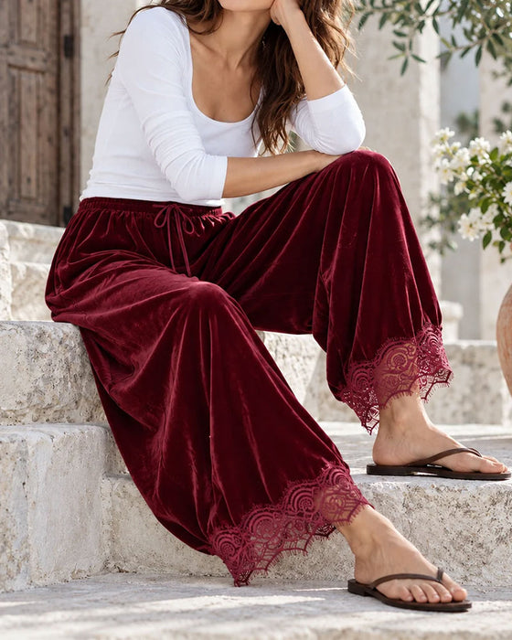 Elastic Waist Lace Stitching Wide Leg Pants