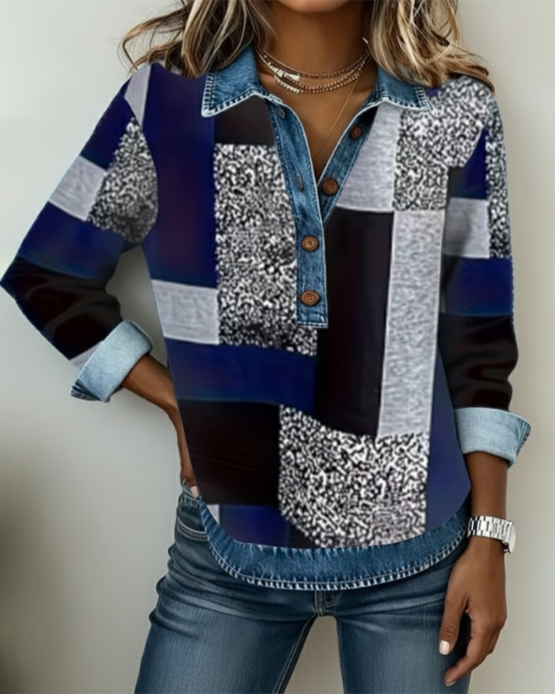 Denim Patchwork Print Casual Sweatshirt