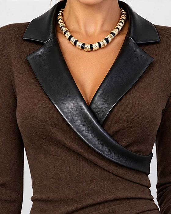 PU Lapel Cross Long Sleeve Top